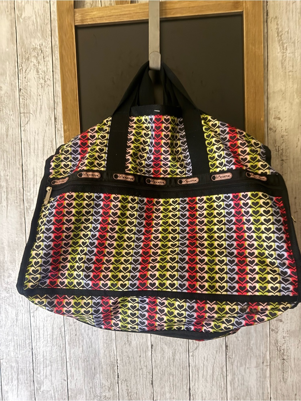 LeSportsac Large Duffel Travel Bag Black Multicolor  Heart Print Weekender